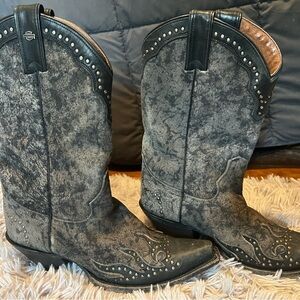 Gray Western Harley Davidson Cowboy Boots with Studded Details